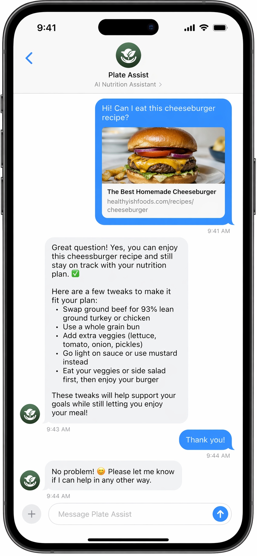 Plate Assist iMessage conversation on an iPhone
