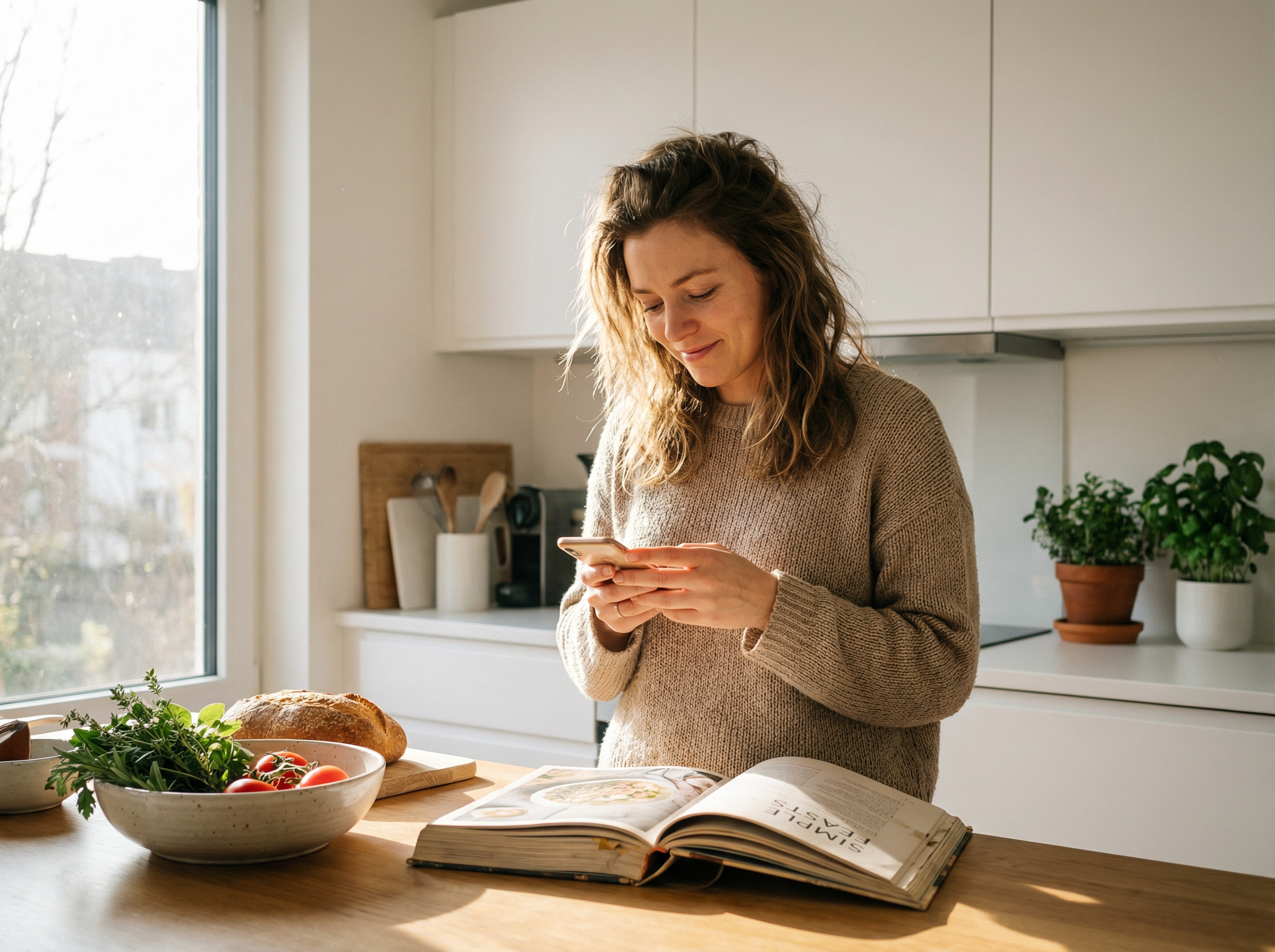 Client checking phone in kitchen with cookbook