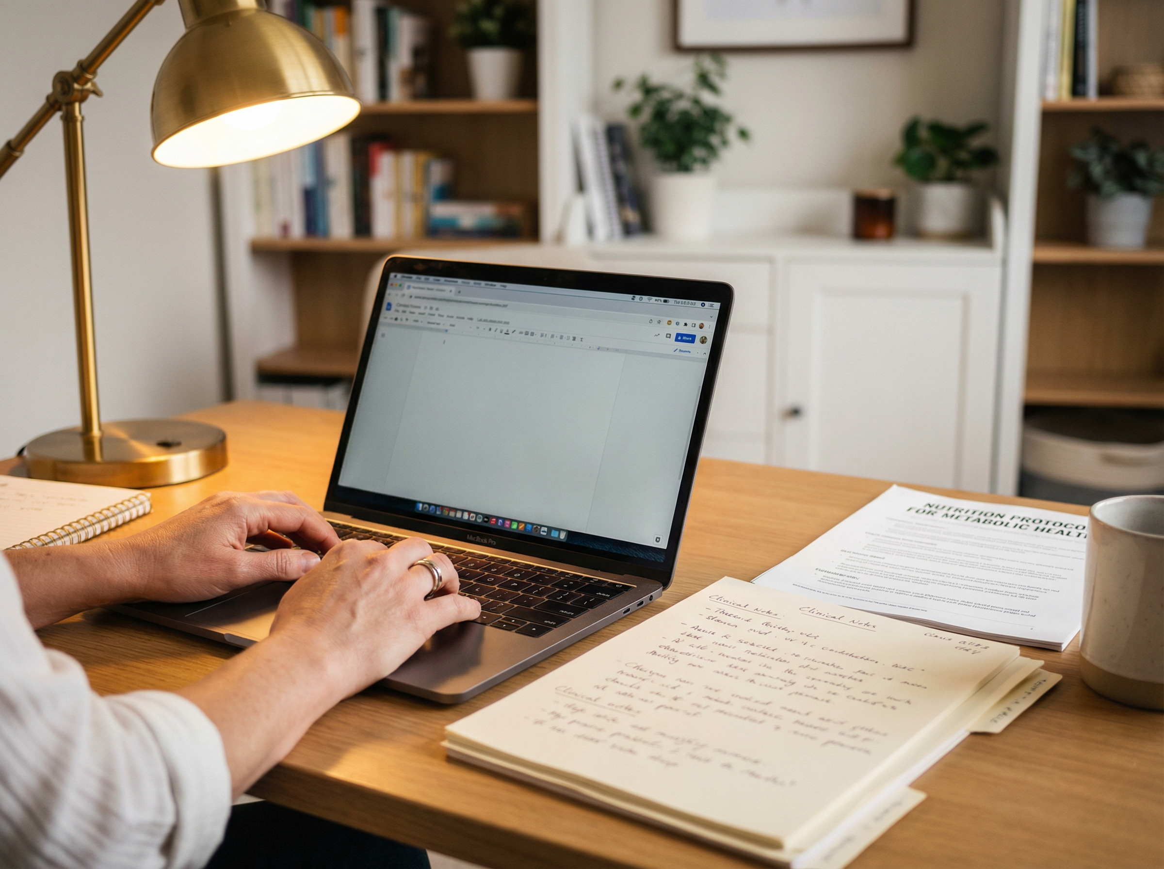 Nutritionist typing clinical notes on a laptop